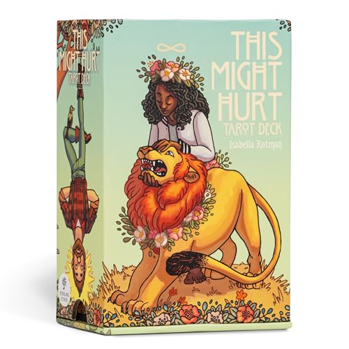 Tarot deck box with illustration of a woman and lion, floral details.