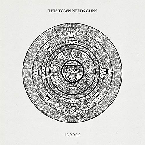 CD cover: black and white Aztec calendar design with a sun face.
