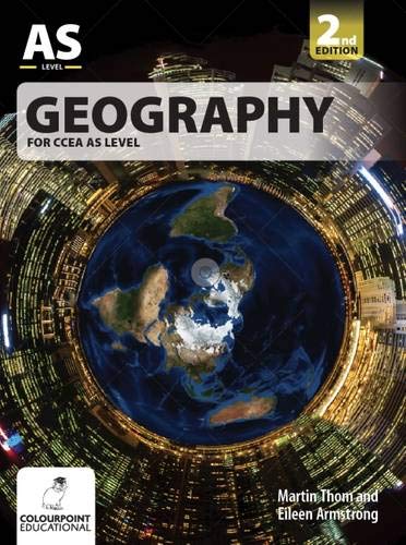Geography textbook cover with a world map and city skyline background.