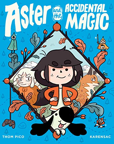 Graphic novel cover featuring a girl, a dog, and fantastical elements framed by branches.