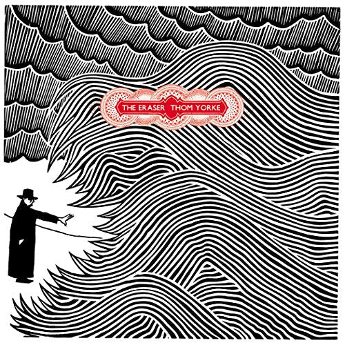 Black and white album cover for Thom Yorke’s “The Eraser” with wave illustration.