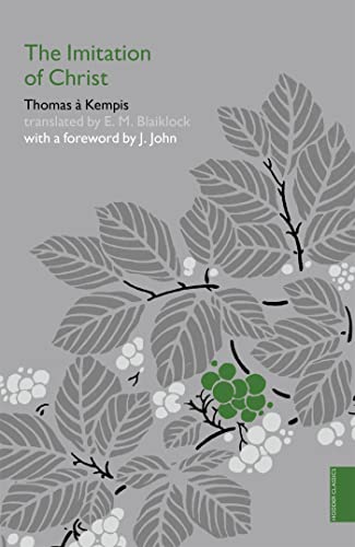 Book cover: "The Imitation of Christ" with leafy grey botanical design.