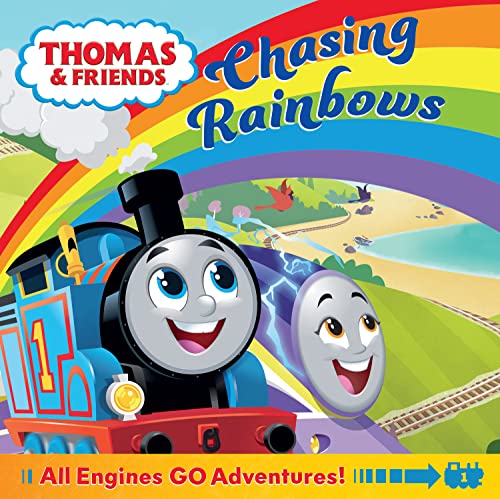 Thomas and Friends book cover with a rainbow and two smiling trains.