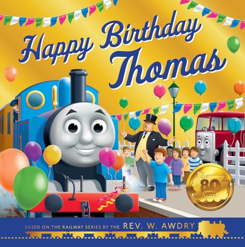 Thomas the Tank Engine with balloons and characters celebrating a birthday.