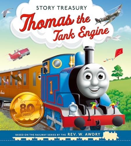 Thomas the Tank Engine on a book cover with an 80th anniversary gold seal.