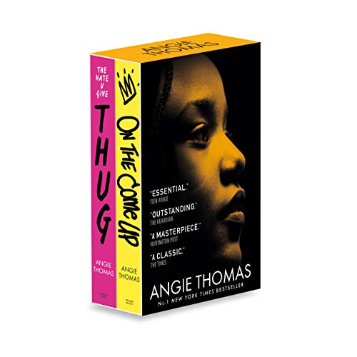 Boxed set of Angie Thomas novels featuring a young woman’s portrait.