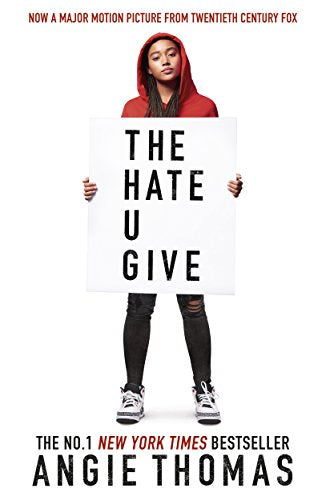 Book cover featuring a young woman holding a sign that reads "The Hate U Give".