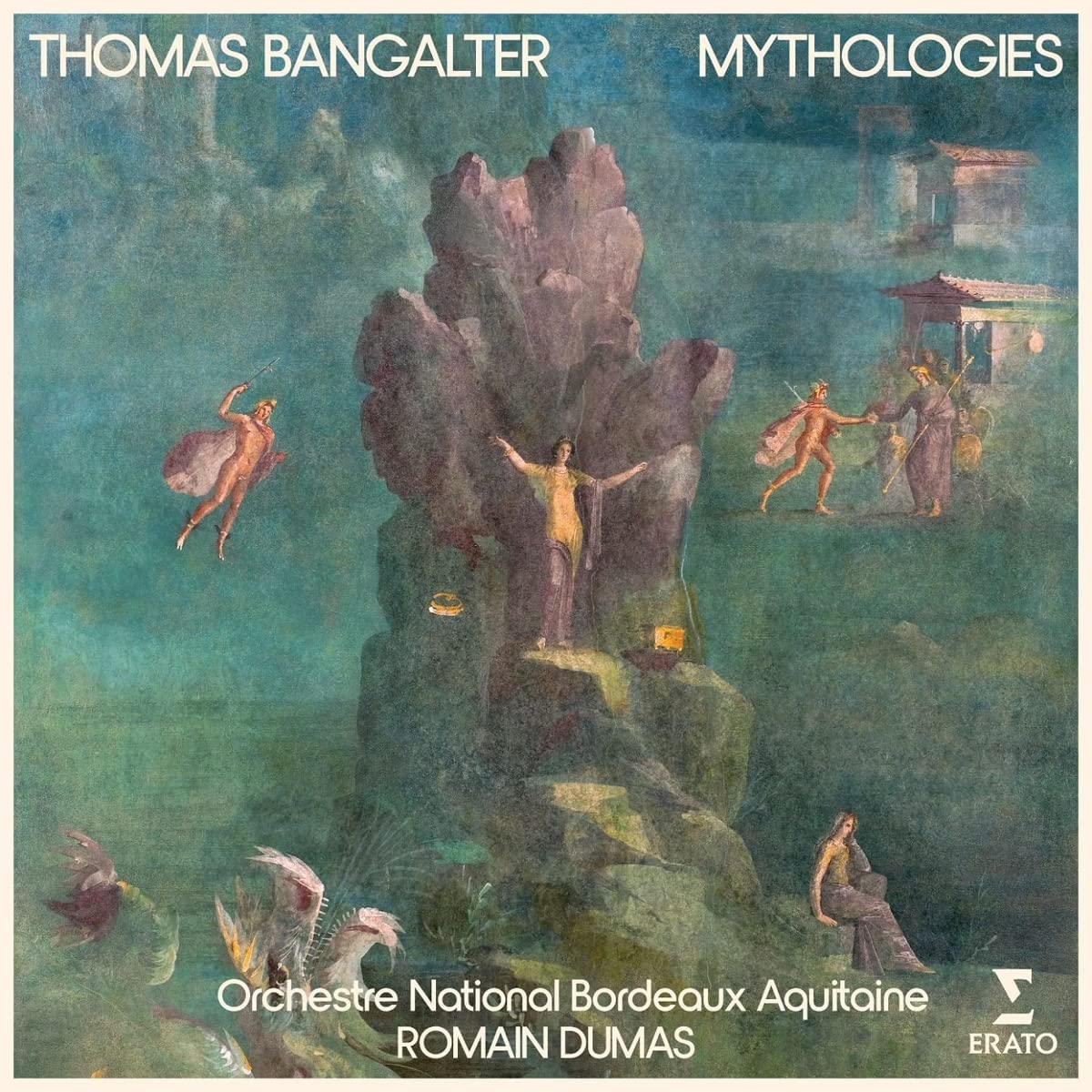 "Album cover with mythological scene painting, featuring Thomas Bangalter's 'Mythologies' title."