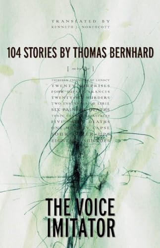 Book cover: "The Voice Imitator" by Thomas Bernhard, with abstract green art.