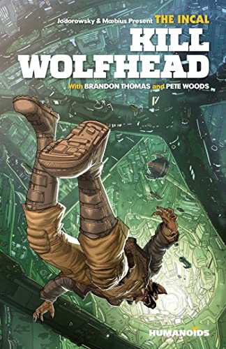 A wolf-headed character falls through a futuristic green city in this comic book cover.