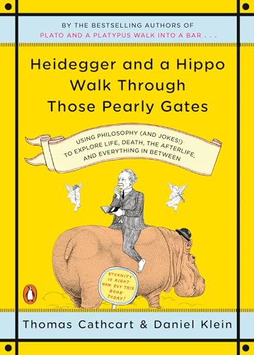 Book cover with a man riding a hippo, surrounded by cherubs on yellow background.
