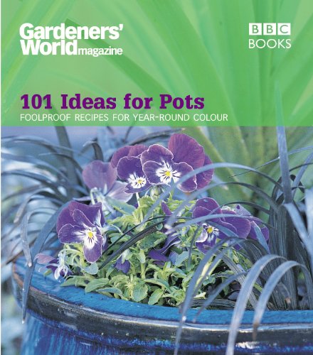 Book cover featuring purple pansies in a blue glazed pot with green foliage background.