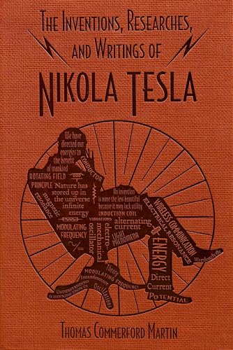 Book cover with a silhouette of Tesla filled with text over a circular grid.
