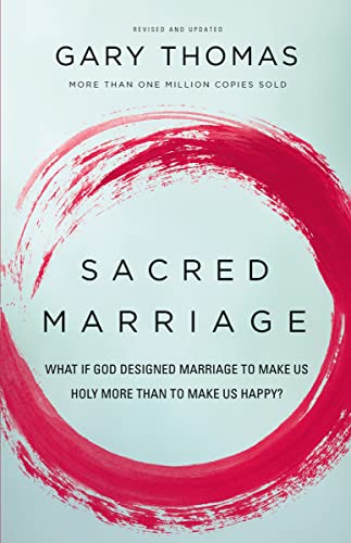 Book cover for Sacred Marriage by Gary Thomas with a red circular brushstroke.