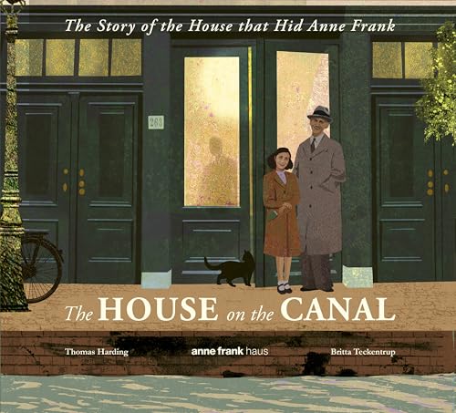 Illustrated book cover showing a girl and man standing before a canal house entrance.