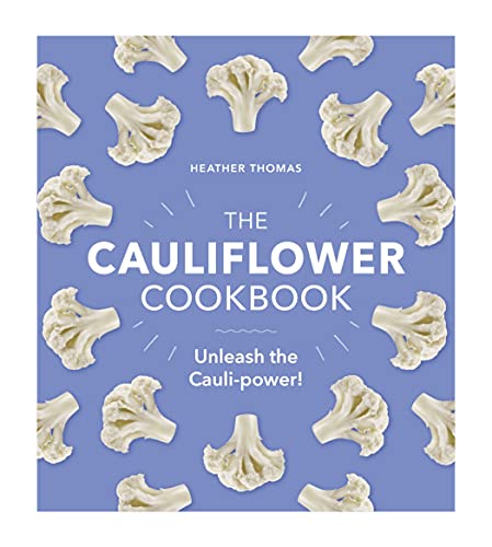 Cookbook cover with cauliflower illustrations and white text on blue background.