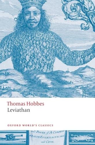 Blue engraving of a giant king composed of many people overlooking a landscape.