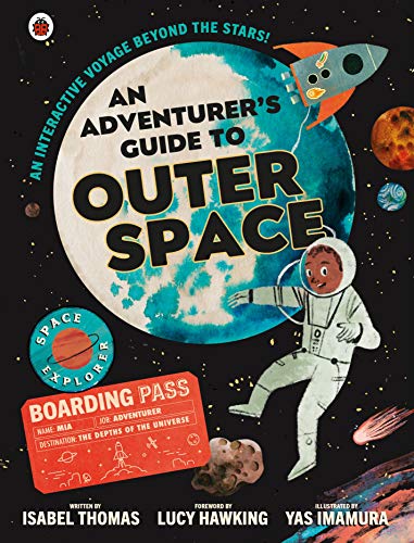 Book cover: astronaut, rocket, planets, and text “An Adventurer’s Guide to Outer Space.”