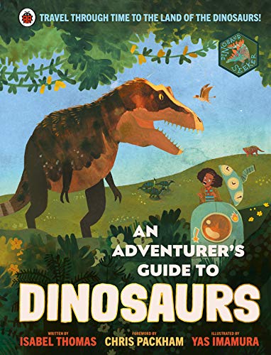 Book cover: illustrated dinosaur and child with time-traveling vehicle.
