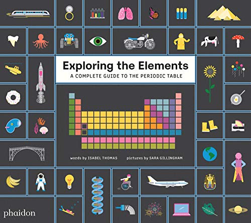Book cover featuring a periodic table surrounded by various colorful icons on dark gray.