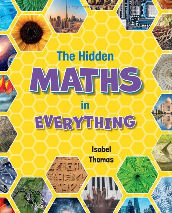 Book cover with hexagonal patterns, bold "MATHS" title, and diverse images.