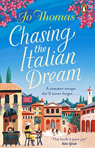 Book cover: “Chasing the Italian Dream” with a painted Italian village scene.