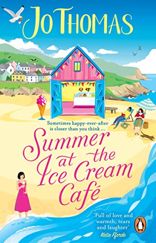 BookSaturated book cover illustration of a beach scene with a colorful ice cream café.