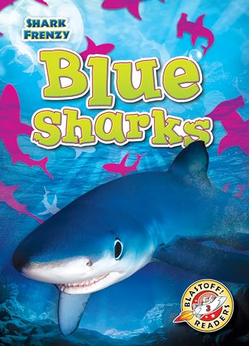 Blue shark swimming underwater with pink sharks and sunlight in the background.