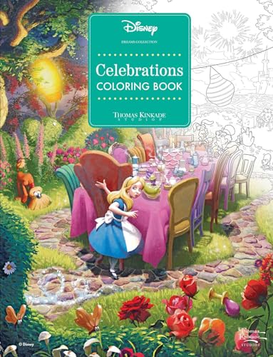 Alice in Wonderland coloring book cover featuring a tea party scene in a garden.