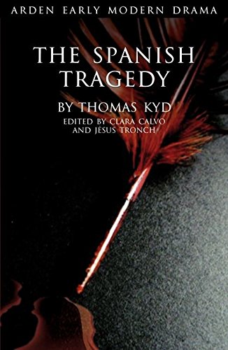 Book cover: “The Spanish Tragedy” with a red feather quill image.