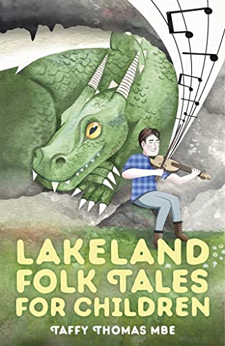 Book cover: boy playing violin before a green dragon illustration.