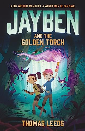 Book cover featuring a boy holding a glowing torch beside a girl in a forest.