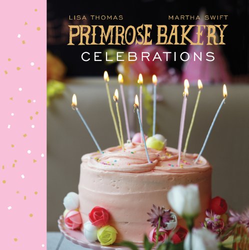 Book cover: “Primrose Bakery Celebrations” featuring a frosted cake with candles.