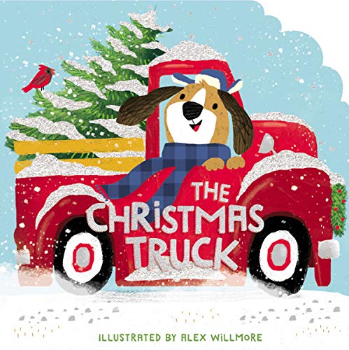 Red truck carrying a Christmas tree with a dog looking out.