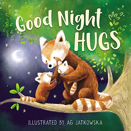 Red panda family hugging on a branch under a crescent moon.