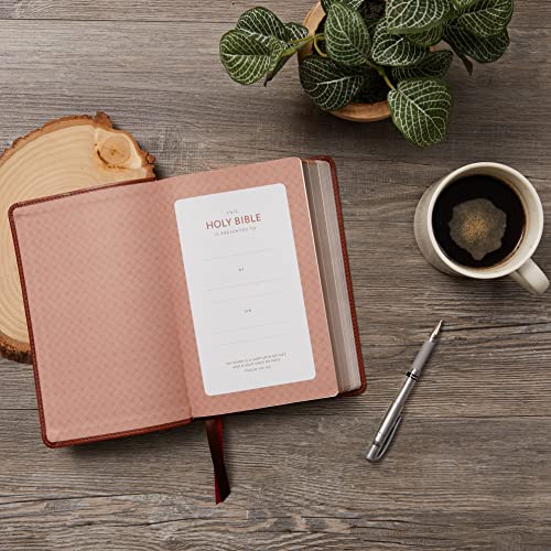 Open brown leather Bible on a wooden table with a coffee cup and plant.