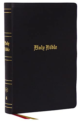 Black leather Holy Bible with gold lettering and gold spine accents on white background.