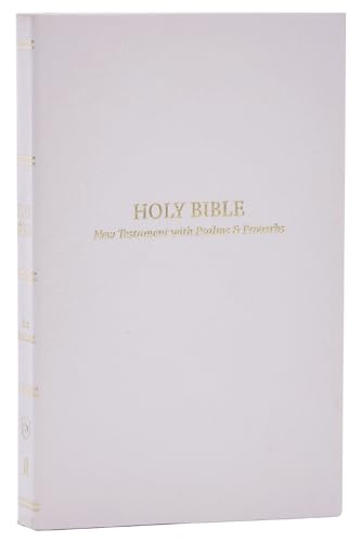 White leatherflex Bible cover with gold lettering: "Holy Bible, New Testament.
