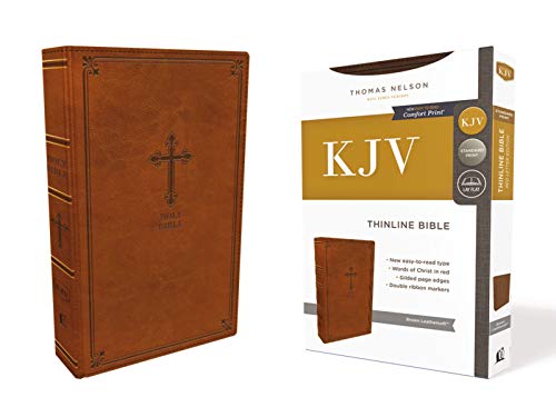 Brown leathersoft King James Version Thinline Bible next to its product packaging box.