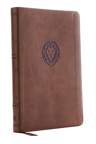 Brown leather-look Bible with a lion emblem on the cover.