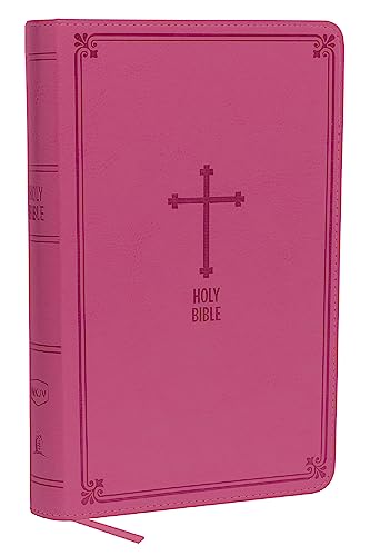 Pink leathersoft Bible with a cross emblem and gold page edges.