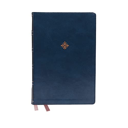 Blue leather-bound Bible with gold emblem and ribbon markers.