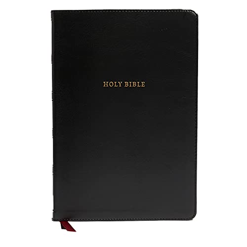 Black leather-bound Bible with gold text reading "HOLY BIBLE" on the cover.