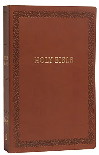 Brown imitation leather Holy Bible with gold lettering and an embossed decorative border.