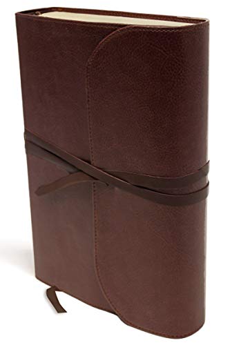 Brown leather Bible with a wrap-around ribbon bookmark.