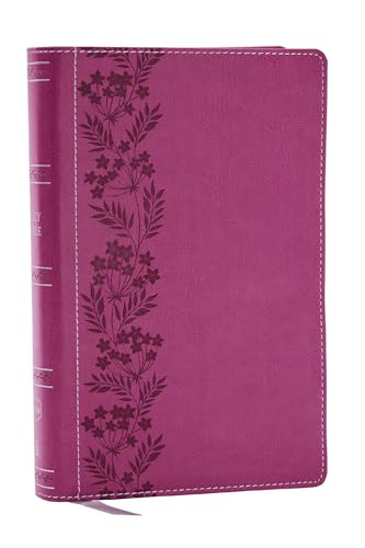 Purple leather Bible with floral design and red page edges.