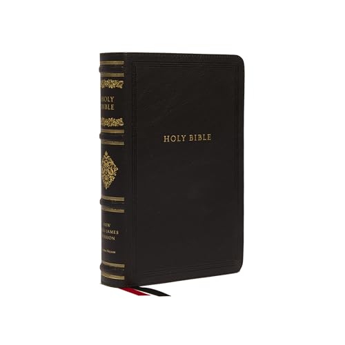Black leather Holy Bible with gold embossed lettering and decorative spine details.