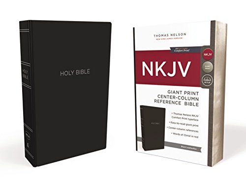 Black leather-look Holy Bible next to its white and red product packaging box.