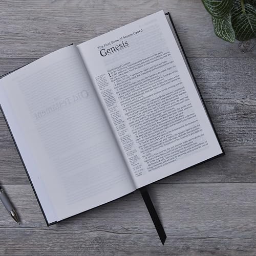 Open Bible showing the Book of Genesis on a grey wooden surface.