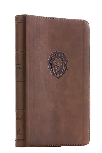 Brown leather-look Bible with a lion emblem on the cover.